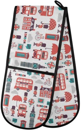 Double Oven Gloves Heat Resistant London Bus Big Ben Double Oven Mitts Pot Holder Heat Protection Oven Gloves for Home Kitchen Baking Cooking BBQ Microwave