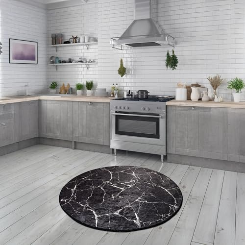 Bosdela Tappeto bagno Marble Black Round, Ø 100 cm, antiscivolo, morbido, lussuoso, effetto marmo, moderno per bagno, doccia, WC, tappetino da bagno