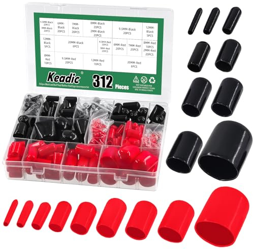 Keadic 312PCS 9 Different Sizes Vinyl Rubber End Caps Assortment Kits Black and Red Flexible Bolt Screw Covers Caps PVC Vinyl Round Tube Bolt Cap Cover for Protecting Screws Bolts