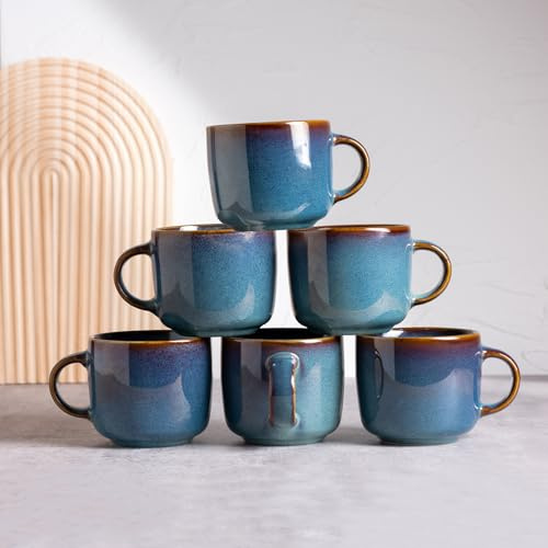 Bluweet Kaffeebecher 6 Teilig, Keramik Tassen Teetasse für 6 Set, Multifunktional, Spülmaschinen Mikrowellenfest, Coffee Mug, Kaffeetassen 360 ml Blau Kaffee Becher