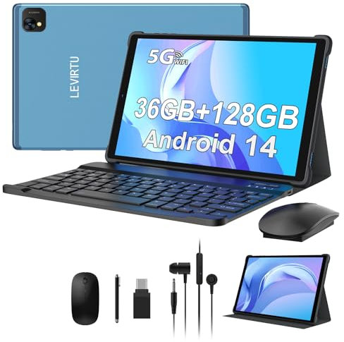 LEVIRTU Tablet 10 Pollici Android 14, 36GB RAM 128GB ROM,(1TB TF), Octa-Core,2.0Ghz 5G WiFi,1920x1200 Incell,8000mAh,13MP+8MP,BT5.0/GPS 2 in 1 Tablet con Tastiera Mouse, Blu