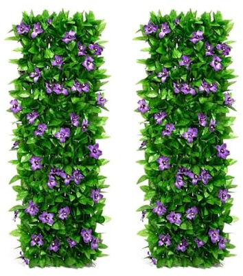 Max 200 * 40cm Expanding Garden Flower Trellis Panels, Fence Screening, Privacy Screen Garden, Gardenss Fence Screening, Gardens Fences Screeningss with Artificial Ivy and Violet Flower (2pcs)