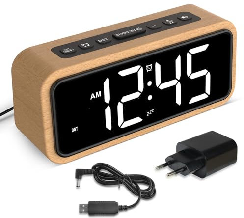Réveil fort pour dormir profond, réveil en bois avec affichage LED, 12 sonneries d'alarme, 5 niveaux de luminosité réglables, 5 volumes, DST manuel, réveil rétro pour chambre à coucher (Hêtre Blanc)