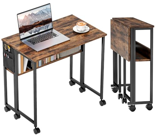 HOMCOM Folding Desk with Storage Shelf and Bag 80 cm Rustic Brown | Foldable Computer Desk, Small Spaces, Space Saving Writing Table on Wheels, Home Office, Bedroom, Easy Assembly