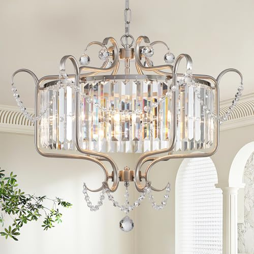 Majhoiw 6-Licht Kronleuchter, Moderner Landhausstil, Rustikaler Kronleuchter Mit Rundem Schirm für Esszimmer, Wohnzimmer, Schlafzimmer und Küche, Gebürstetes Nickel