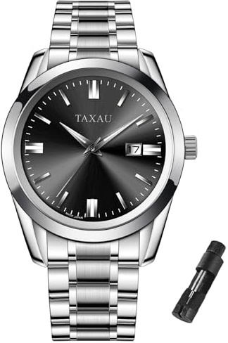 Taxau Uhren Herren Luxus Edelstahl Silber Armbanduhr mit Leuchtend Datum Kalender Schwarz Zifferblatt Herrenuhr- Männer Geschenk