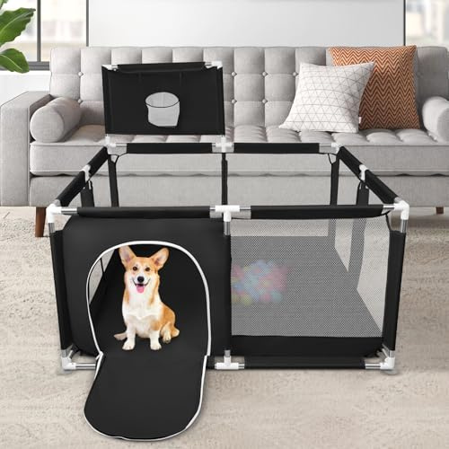 Parc à Chiots avec Porte, Parc pour Chiots Ou Petits Chiens, Clôture Solide en Tissu épais Et Filet en Nylon Haute Résistance, Lavable en Machine, Intérieur/extérieur-126 * 126 * 66cm-Noir