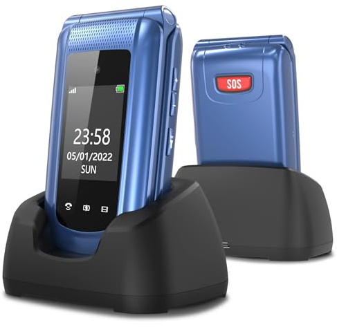 Telephone Portable Senior Clapet Débloqué avec Grosse Touche, 2.4+1.8 Écran LCD Téléphone Portable Basique avec SOS | Radio FM | Station de Recharge| Torch