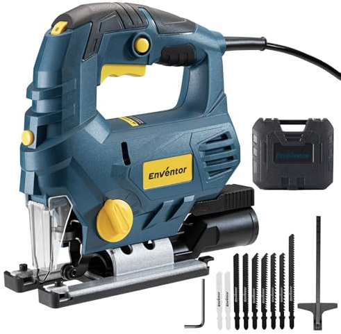 Enventor Jigsaw Tool, 800W 0-3350 SPM, 4 Orbital Sets, 6 Variable Speed | Electric Corded Jig Saw with LED Work Light, ±45°Bevel Cutting, 10 Saw Blades, Max Cutting Depth: Wood 110mm, Metal 10mm