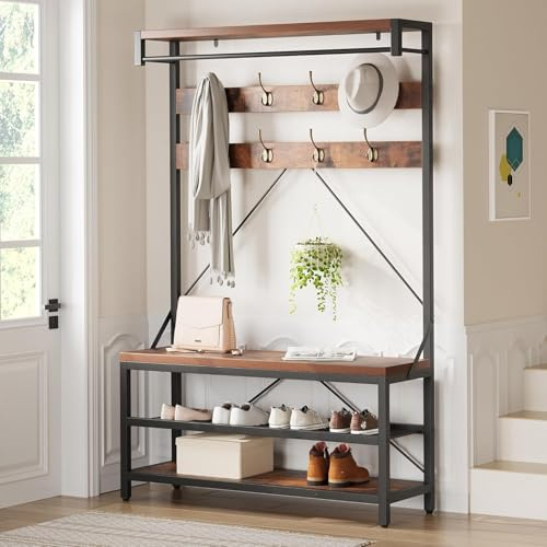 Mobeneno Hallway Coat Rack, Hall Tree with Bench & Shoe Storage & 8 Hooks