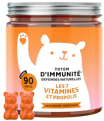 Totem d'Immunité Défenses Naturelles – avec Vitamine D, E, C, Vitamine B6, B12, Niacine, Biotine, Extrait de Propolis – 90 Pièces (3 Mois) – Végétariennes, Sans Sucre – Bears with Benefits