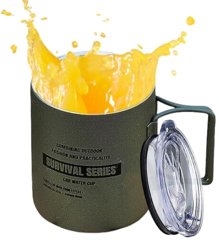 Générique Campingmugg i rostfritt stål, campingmugg i rostfritt stål, juicekopp med vikbart handtag och lock, 320 ml bärbar för picknick, vandring, ryggsäck och aktiviteter d