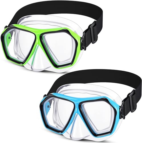 Fabbay 2 Pcs Adult Swimming Goggles with Nose Cover Diving Mask Elastic Strap Anti Fog Swim Snorkel Masks Wide View for Adult Men Women Summer Diving Snorkeling Swimming(Green, Blue)