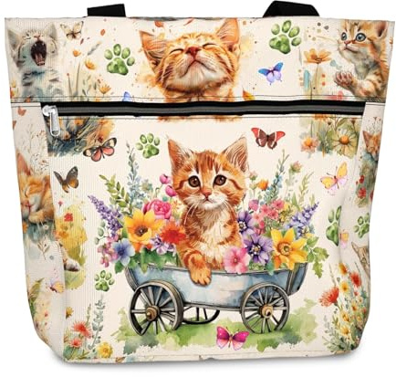 LUMIREX Katzen Stoffbeutel Bedruckt, Canvas Tote Bag, Wasserdicht Tragetasche mit Reißverschluss und Tasche, Große Büchertasche, Wiederverwendbar Einkaufstasche, Geschenk Für Katzenliebhaber