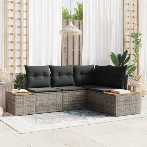 LoogCape Gartensofa-Set Grau mit Kissen, 4-teilig Polyrattan Modulares Outdoor Loungesofa, Wetterfest für Terrasse & Balkon mit Stauraum