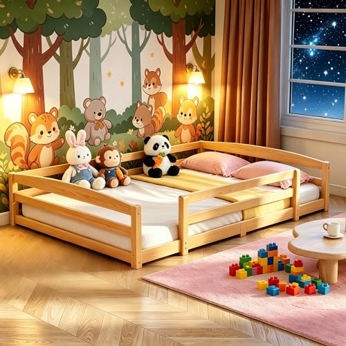 ZIKEBTUY Bodenbett 140x200cm Montessori Kinderbett mit Rausfallschutz & Lattenrost Kiefer Massivholz bis 100 kg belastbar für Jungen Mädchen Kinder Bett
