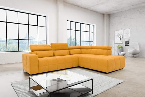 DOMO. collection Ecksofa Brandon, Sofa mit Rückenfunktion in L-Form, Polsterecke, Eckgarnitur Ottomane rechts 275 x 228 x 98 cm (BxTxH), gelb (mango) | Ottomane rechts mit Rückenfunktion, stilvolle Polsterecke in L-Form mit Steppung und Gleitern, 275 x 228 x 98 cm (BxTxH)