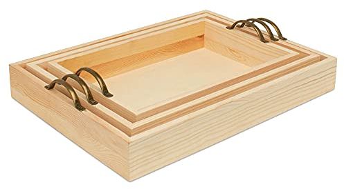 Vassoi in legno grezzo con maniglie, stile nidificazione, set da 3, per artigianato, resina, organizzazione, decorazione fai da te, servizio e attività Montessori 1 set