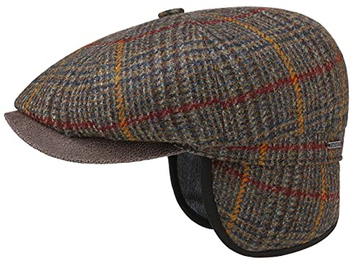 Stetson Hatteras Minto Flatcap Karomuster Wollcap mit Ohrenklappen Made in Germany Herren Herbst Winter braun-meliert S (54-55 cm)