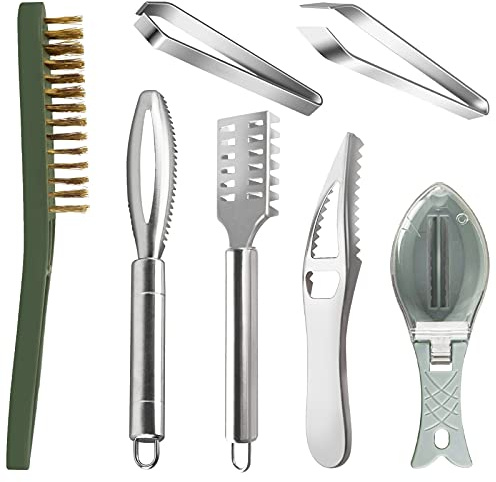 Fish Scaler Remover Set, 7 Pcs Fish Scales Tools with Stainless Steel Sawtooth, Fish Scraper Fish Bone Tweezers Fish Skin Peeler for Family, Seafood Markets, Remover Fish Scales
