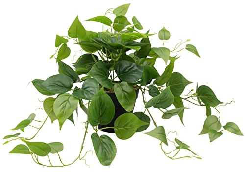 LOYWREE Artificial Scindapsus Aureus Fake Pothos Plants in Black Pots - Realistic Faux Indoor Greenery Potted for Home, Office, Desk, Shelf, Living Room, Bedroom, Balcony, Patio & Garden Decor