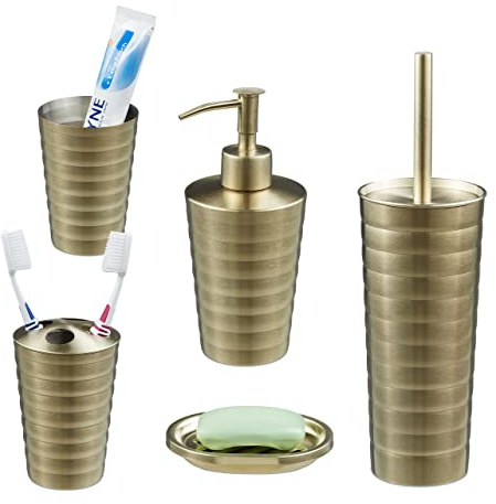 Relaxdays Badezimmer Set, 5-teilig, Badaccessoires Edelstahl gebürstet, komplette Badezimmerausstattung, modern, Gold