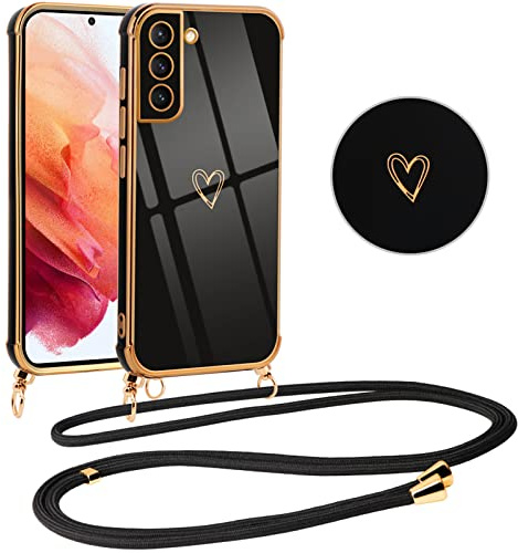 Vauki handyband für Samsung Galaxy S21 5G Hülle mit Band, Handyhülle Silikon Schwarz mit Herz Motiv, Ultra Dünn Stoßfeste Aesthetic Case mit Kordel zum Umhängen für Samsung S21 5G 6.2