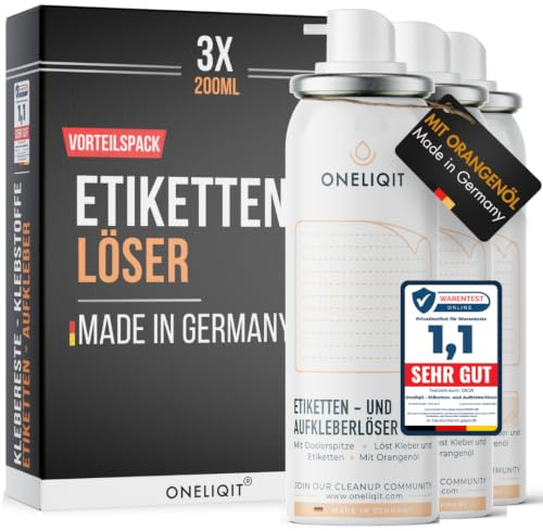 ONELIQIT® Etikettenentferner, Etikettenlöser, Klebereste Entferner mit Orangenöl 3x 200ml für das einfache Entfernen von Etiketten, Aufklebern, Vignetten & Klebstoffen