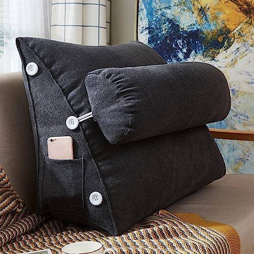 XIEMINLE Lendenkissen mit verstellbarem Hals, Schlafsofa, dreieckige Rückenstütze, Bett-Kopfteil-Keil, Lesekissen, Rückenkissen für Bett, Sofa, Lesen, 45 x 50 x 22 cm, Schwarz