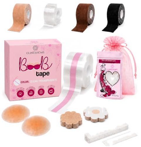 GLINDIHOME Cinta Adhesiva Pecho 5m. Incluye: 1 Rollo Boob Tape +2 Pezoneras Adhesivas Invisibles Reutilizables +36 Tiras Doble Cara Ropa +10 Pezoneras Tela +Bolsa. Sujetador Invisible.