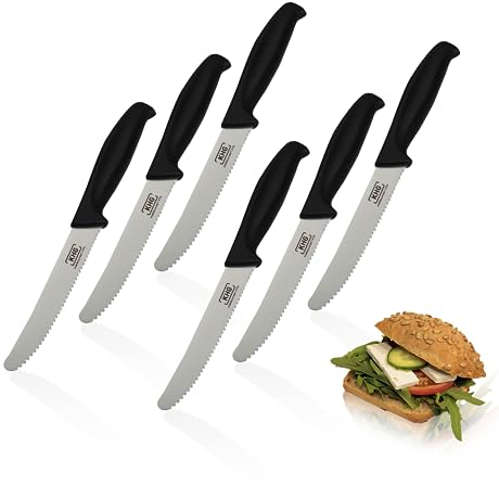 KHG 6er Set Frühstücksmesser Brötchenmesser Tomatenmesser Schwarz | 12 cm Klinge Edelstahl mit Wellenschliff | Tafelmesser Brotzeitmesser Vespermesser mit Fingerschutz