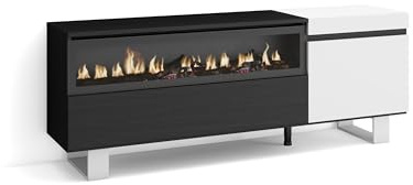 Skraut Home | TV-Schrank, Lowboard | für Wohnzimmer und Esszimmer | 150x57x35cm | Für TV-Geräte bis zu 65 | Elektrokamin. Maße | Industriedesign | Moderner Stil | Weiß und Schwarz