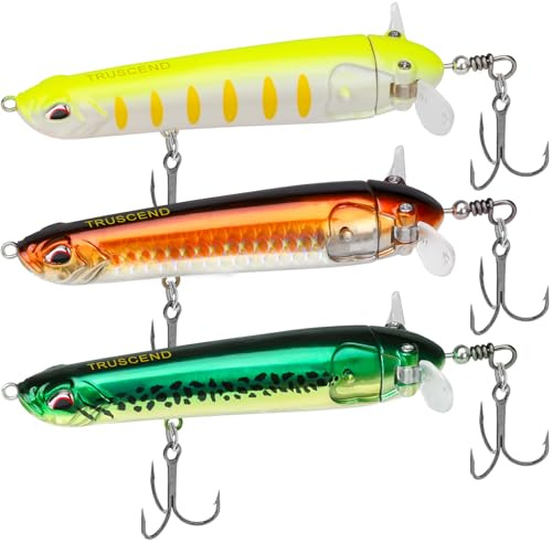 TRUSCEND – Leurres de pêche en surface avec double queue flottante rotative, appât popper pencil flottant à longue portée avec bruit de cliquetis, pour eau douce et eau salée