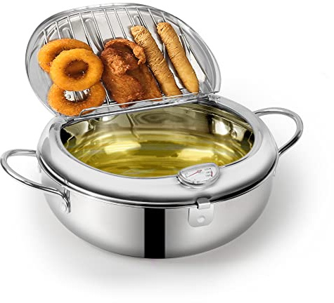 Deep Fryer Pot, Japanese Style Tempura Deep Fryer Frying Pot With Thermometer, Lid, Oil Drip Drainer Rack for French Fries Fish Shrimp Chicken 7.9 Inch/2.2 L 304 Stainless Steel Gifts