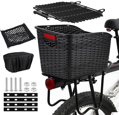 LALAGO Fahrradkorb Hinten 27L, Plastikgeflecht Fahrradkorb Hinten Groß, Fahrradkiste Fahrradkörbe Fahrradgepäckträger mit Regenfesten Abdeckungen und Gepäcknetz