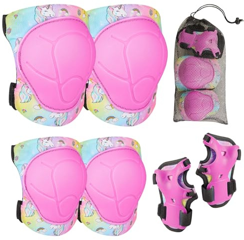 MHJY Protezioni Pattini Bambina Ginocchiere Skateboard Set di Protezioni per Bambini 7 IN 1 Gomitiere Protezione Regolabile per Bicicletta Pattinaggio Monopattino Ciclismo 3-8 Anni