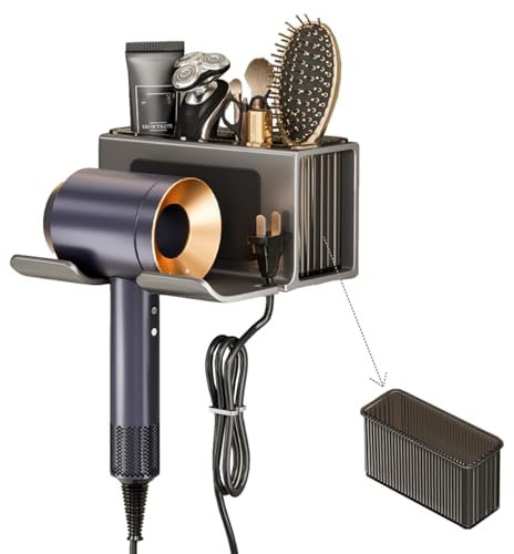 GCFTIFF Supporto per asciugacapelli, montaggio a parete senza foratura, in alluminio, autoadesivo, con supporto per cavi e spazio rimovibile, facile da pulire, accessori da bagno si adattano alla