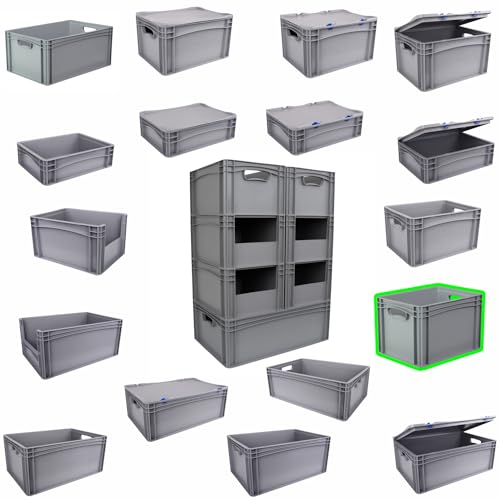 Hesselink Eurobox 40x30x27 cm, Handgriffe offen, stapelbar, 25,6 Liter, grau, lebensmittelecht, Eurobehälter kombinierbar mit Deckel