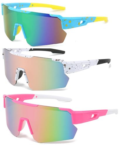 3 Stück Fahrradbrille Herren Damen, Schnelle Brille UV 400 Schutz, Sonnenbrille Fahrradbrille, Radbrille mit Komfortablem Nasenpad, für Outdooraktivitäten MTB Rennrad Radfahren Biking Ski Golf