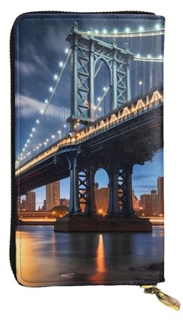 YYHWHJDE New York Manhattan Bridge Night Printing Portefeuille long en cuir de qualité conçu pour les filles et les femmes tendance 19 x 10,5 cm, Noir , Taille unique