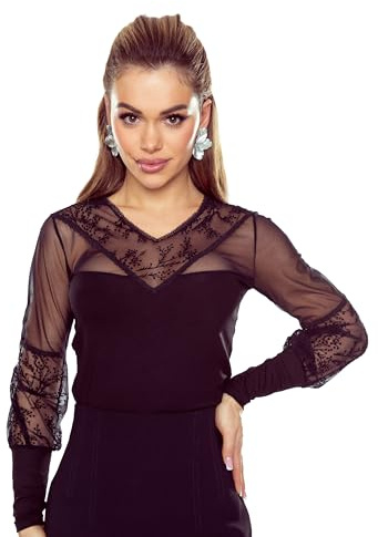 Selente #Fashionista damer förförisk topp/skjorta/blus med spets och transparent nät (tillverkad i EU), Topp spets långärmad svart, L