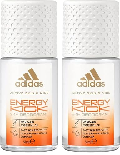 adidas Energy Kick Roll Deo Roll-On für sie, mit Mandarinenöl und 24 Stunden Frische mit hautfreundlicher Formel, 50 ml (Packung mit 2)