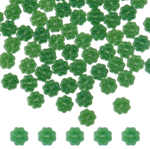 Hobbspring 100 Stück Glasperlen Mit Vierblättrigem Kleeblatt 10.5mm Perlen Jade Imitat Glasperlen Dunkelgrünes Kleeblatt Lose Perlen Zur Schmuckherstellung Armbänder Ohrringe Schlüsselanhänger