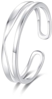 Tolldek Verlobungsring 9 Karat Weiß Gold, 2 Layered Line Offen Verstellbar Hochzeitsring Au375 Gold Eheringe Echt Goldschmuck, Gr.48 (15.3)
