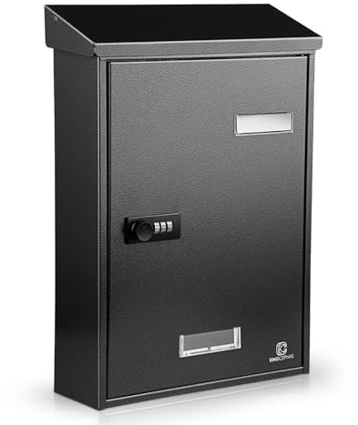 KINGCEPHAS Wall-Mounted Mailbox with Combination Lock, Suggestion Box, Square & Upright Capacity, Waterproof Postbox, High Rust Resistance Letterbox, Mailboxes for Outside (Black)