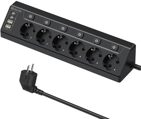 Ecksteckdose mit 2 USB C und 2 USB A, 6 Fach Steckdosenleiste Einzeln Schaltbar, 4000W 16A, Wandmontage, 2M Kabel, Schwarz– Mehrfachsteckdose für Küche & Schreibtisch