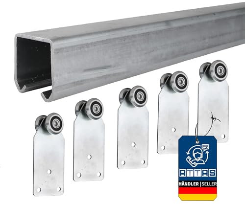 ATTAS Kit complet de système de porte coulissante 300 cm – Rails avec roulettes pour portes coulissantes et portails – Robuste et résistant aux intempéries – Avec chariot coulissant et ferrure