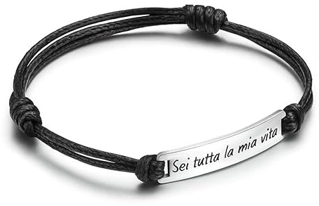 Generico Bracciale Personalizzato Uomo Donna – Cordoncino Nero Regolabile con Incisione a Scelta – Acciaio Inox – Idea Regalo Romantica per Coppia, Anniversario, San Valentino