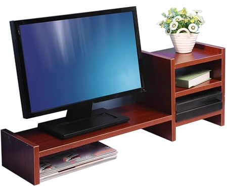 Skrivbordshylla Trä Platssparande Monitorstativ Stor Öppna Fack Kontor Skrivbordshylla Organiserare Stark Bärförmåga för Hemma Arbetsrum, Sovsal(Brown)