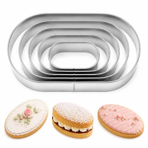 5 Pcs Oval Cookie Cutters, 5 Sizes Stainless Steel Biscuit & Pastry Cutters | 304 stainless steel oval cookie cutters, biscuit cutters for baking, dishwasher safe pastry cutters for fondant, cake & dough